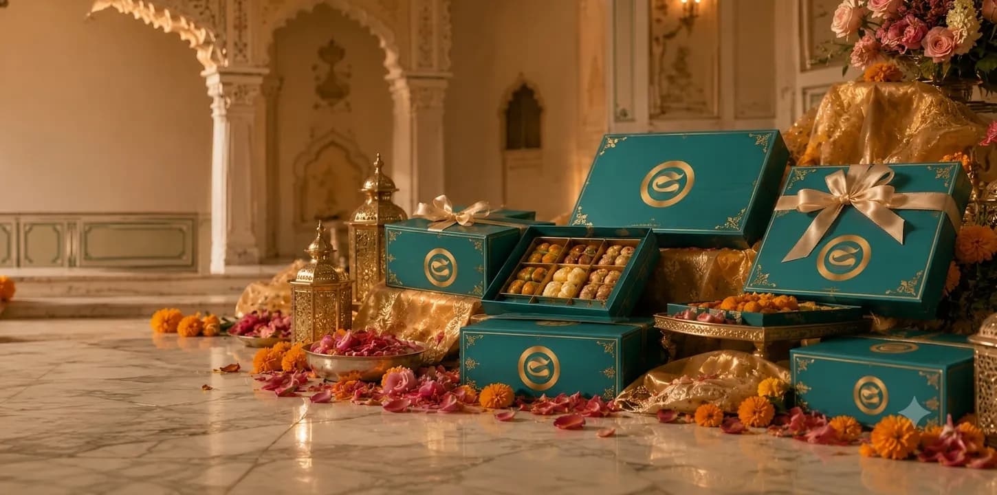 Teal Govindam gift boxes arranged on a palace floor with petals and lamps.