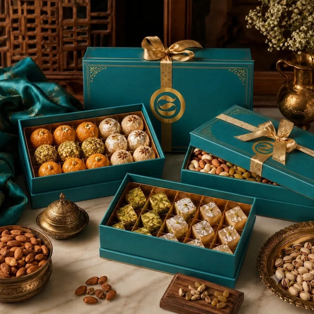 Teal sweet boxes filled with laddus, barfi and dry fruits beside brass decor.
